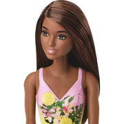 Barbie Doll Features Long Brunette Hair And Stylish Floral Swimsuit.