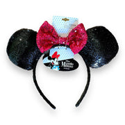 Disney Minnie Mouse Ears Headband With Red/Pink Bow With Sequins