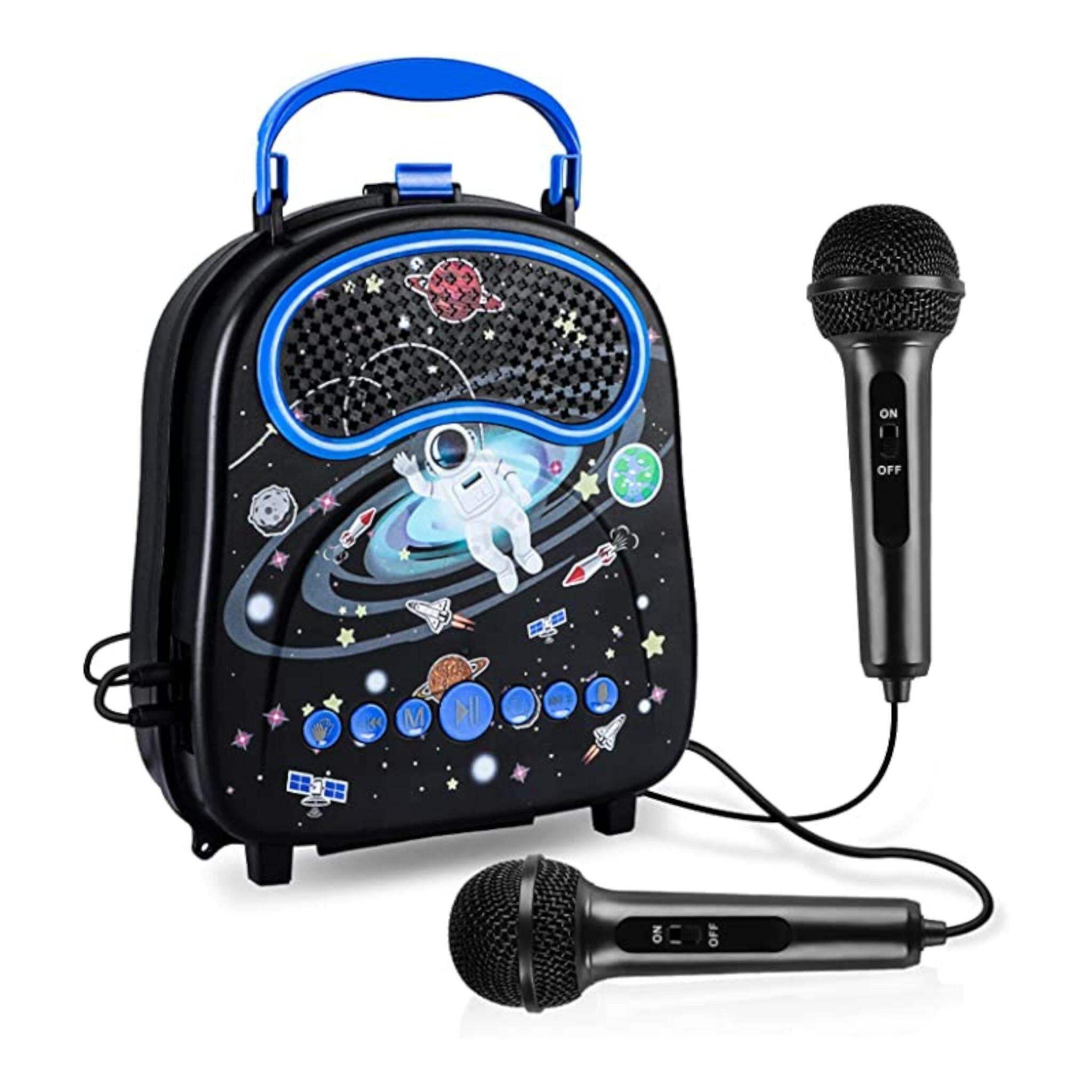 Space Astronaut Karaoke Singing Machine Speaker Black And Dark Blue For Boys And Girls Toddler Kids With 2 Microphones